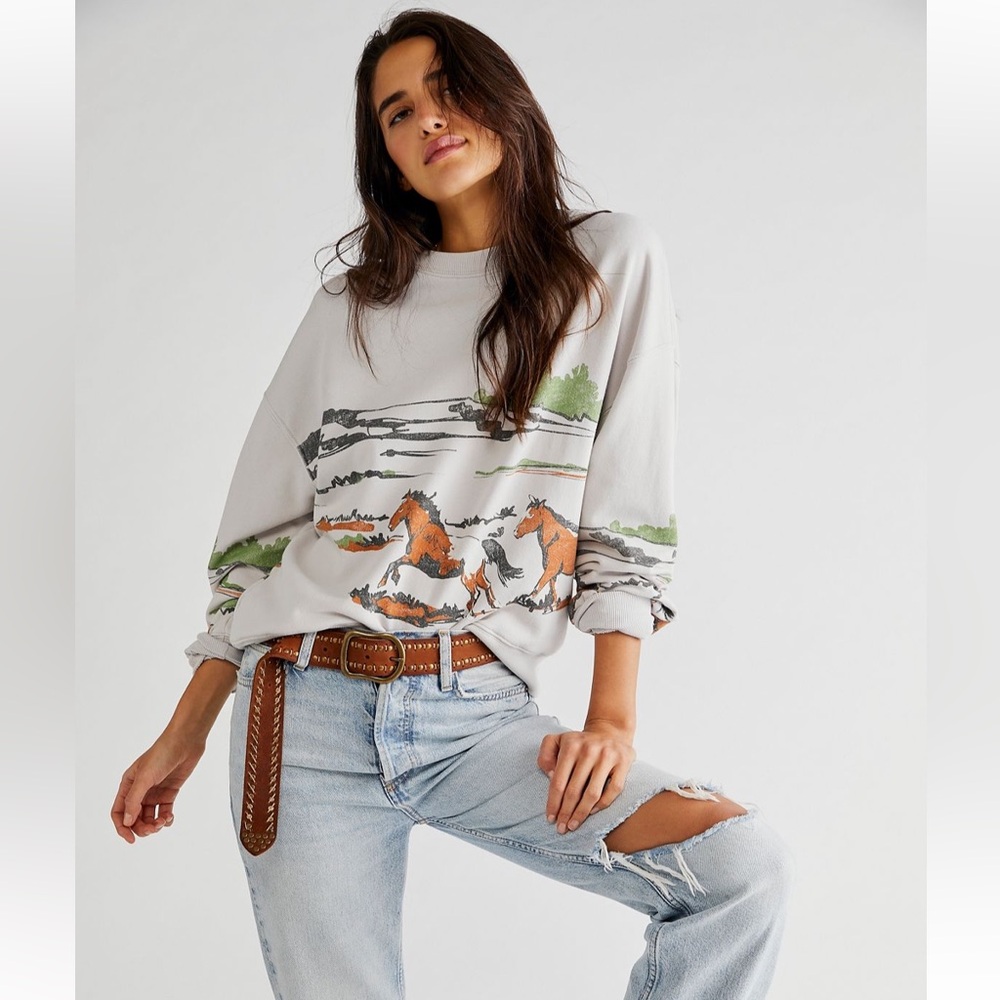 Free People Light Gray Graphic Horses Sweatshirt with Earth Tones